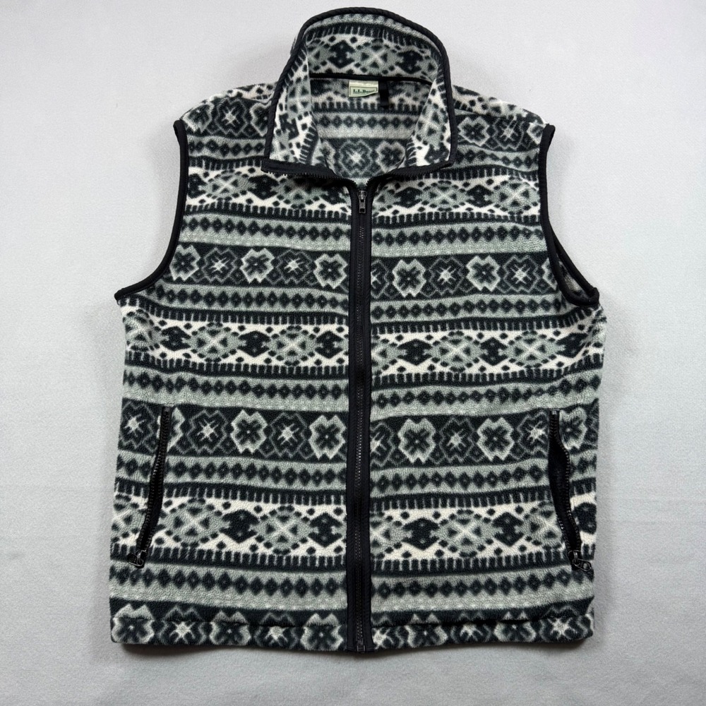 Vintage LL Bean Women Fleece Vest Fair Isle Grey Black Geometric Full Zip Pocket